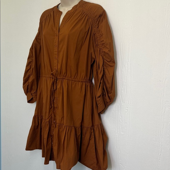 Astr The Label - Cognac Ruched Flounce Button Down Long Sleeve Mini Dress Medium - Picture 5 of 10